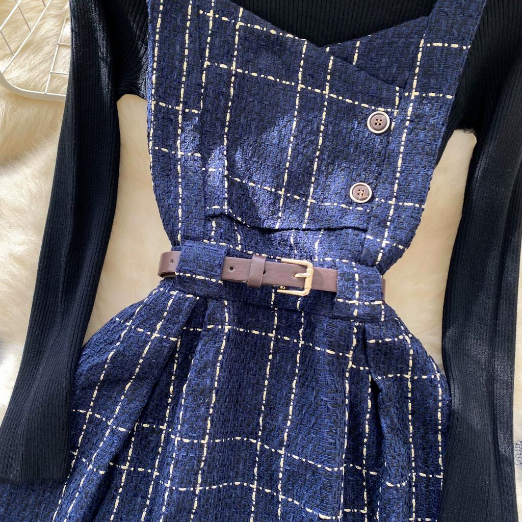 Fall Winter Women Sweater Dress Set Casual Knitted Pullover Tops + Plaid Tweed Dress 2 Piece Outfits Female With Belt