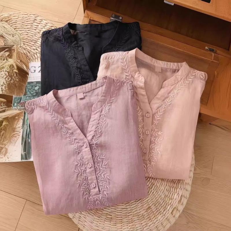 Women S Loose Cotton Embroidered Five Quarter Sleeve Summer Shirt For Middle Aged Moms