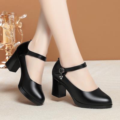 Cheongsam Model Catwalk High Heels Women Are Not Tired Feet Leather Thick Heel Waterproof Table Leather Shoes Middle Heel Dancing Soft Sole Single 