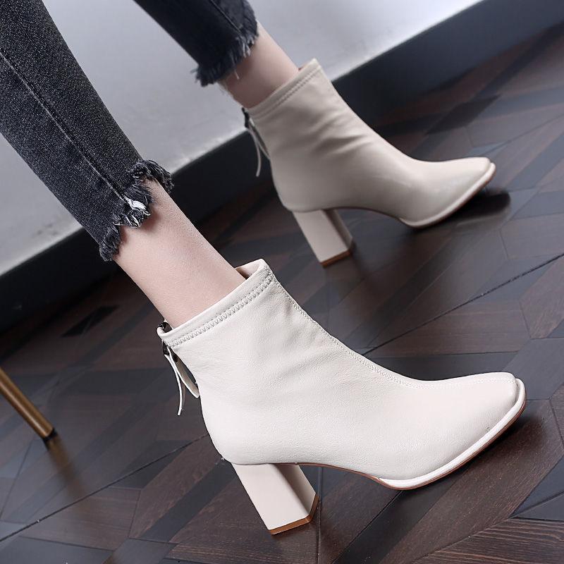 Skinny Boots Women's Martin Boots Spring and Autumn Coarse Heel Women's Boots Versatile High Heel Square Head Short Boots Women's