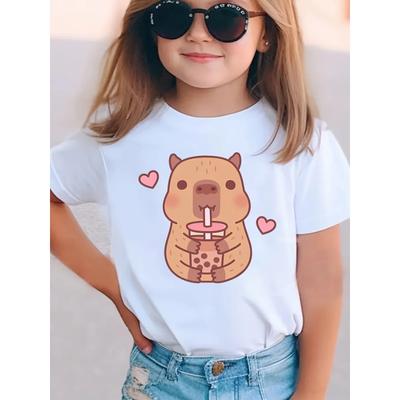 Cute Capybara Print Girls Summer Clothes Crew Neck T-Shirts for Girls Short Sleeve Tee 2025 Kids Clothes T-Shirts Girl Clothing