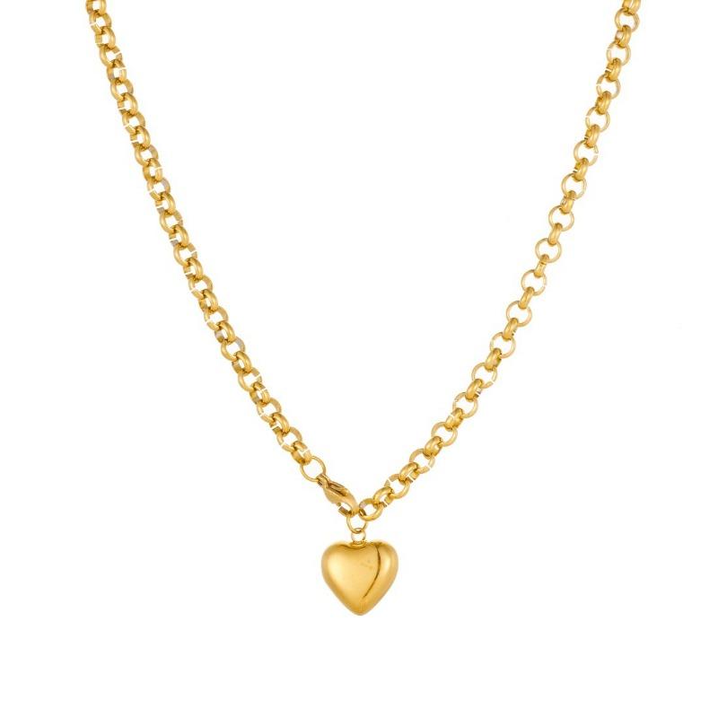 Gold Plated Chunky Rolo Chain 3D Heart Pendant Necklace