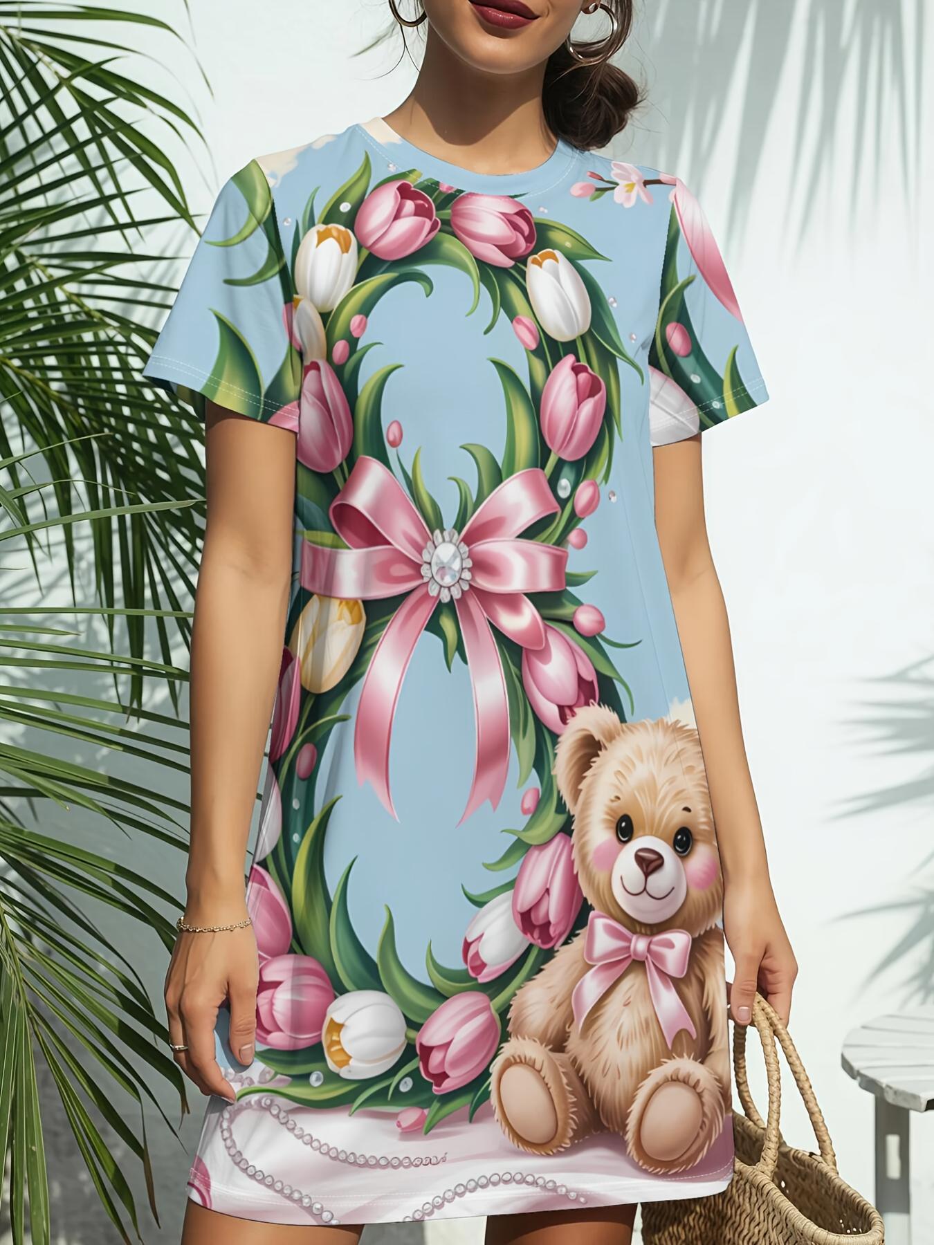 

Cherry Blossom Bunny ; Bear Women S New Round Neck Short Sleeve T-Shirt Dress Features American Trendy Digital Prints. Perfect for Casual Spring And S XS дубильна кора