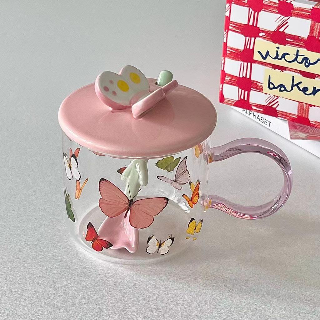 Sklenice s motýlem Odolná vůči vysokým teplotám Sklenice na vodu pro dívky s víčkem a lžičkou Snídaňová sklenice pro domácí použití Vysoce krásný hrnek