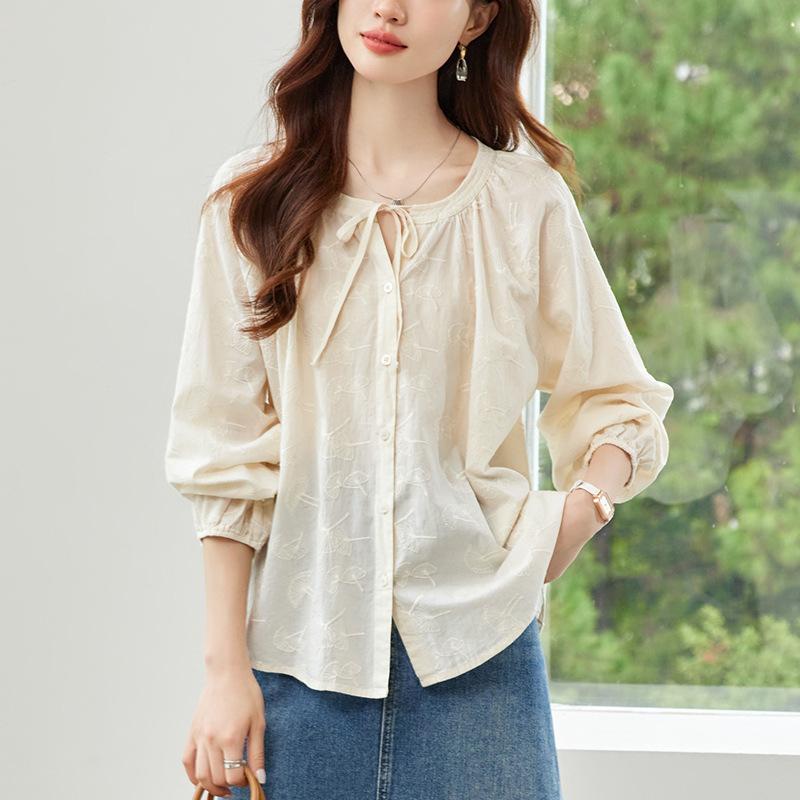 

Весна Новая Хлопок Хлопок Вышитая Рубашка V-образный вырез Женственность Кружевной Воротник на шнуровке Топ XXL абрикосовый