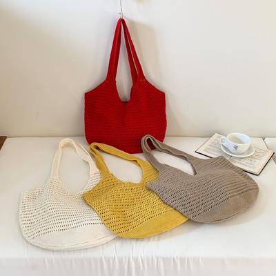 Korean Style Polyester Knit Tote Bag for Women Woven Shoulder Beach Purse