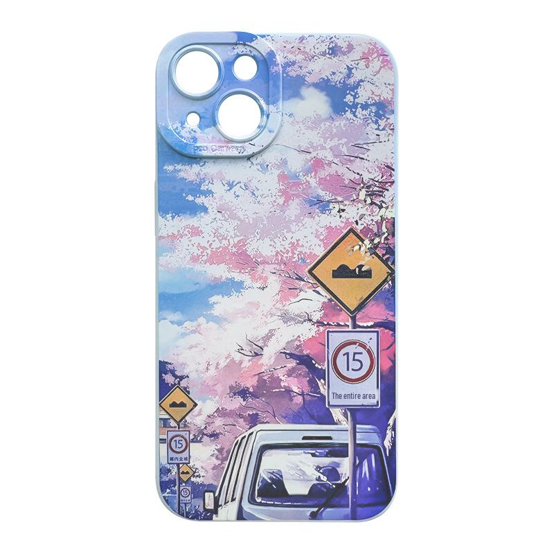 Cherry Blossom iPhone 15 Case with Fine Hole, All-Inclusive Comics Protective Cover for iPhone 14, 13, 12, and 11 - Soft TPU Material.