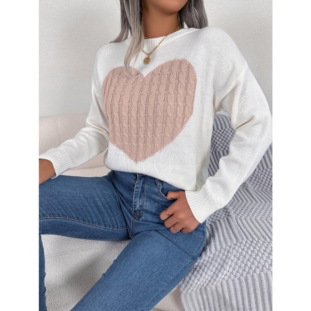 Women's Sweatshirt Autumn/Winter Cable-Knit Heart-Pattern Long-Sleeved Pullover Valentine's Day Ladies' Knitwear