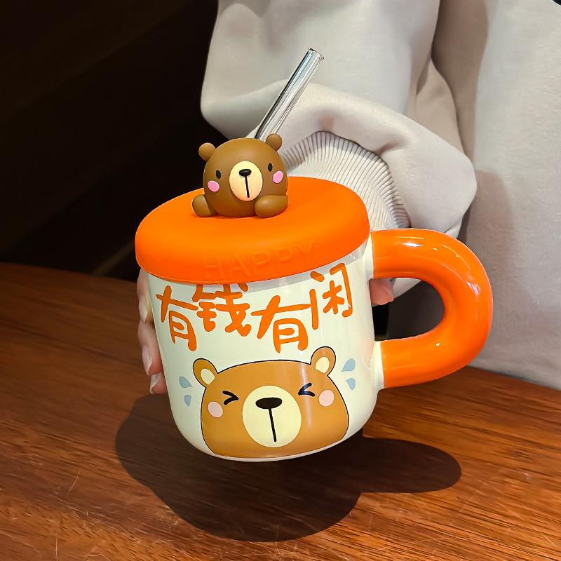 Ceramic Cute Bear Water Cup Straw Cup With Lid Ceramic Coffee Mug Beer Christmas Cups Funny Mugs Personalized Gift Drinkware Bar