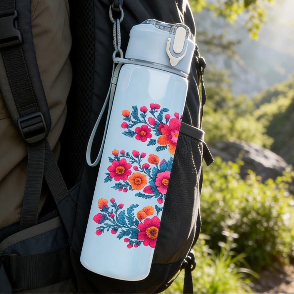 1PC Colorful Floral Pattern Art 750ml Color Plastic Sports Water Bottle Leakproof Flip Straw Lid Suitable for Sports Office Home Use