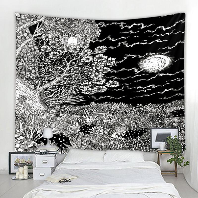 

Черно-белый пейзаж иллюстрации гобелен солнце луна мандала гобелен планета растение настенное украшение спальни комната украшения дома 100X75CM