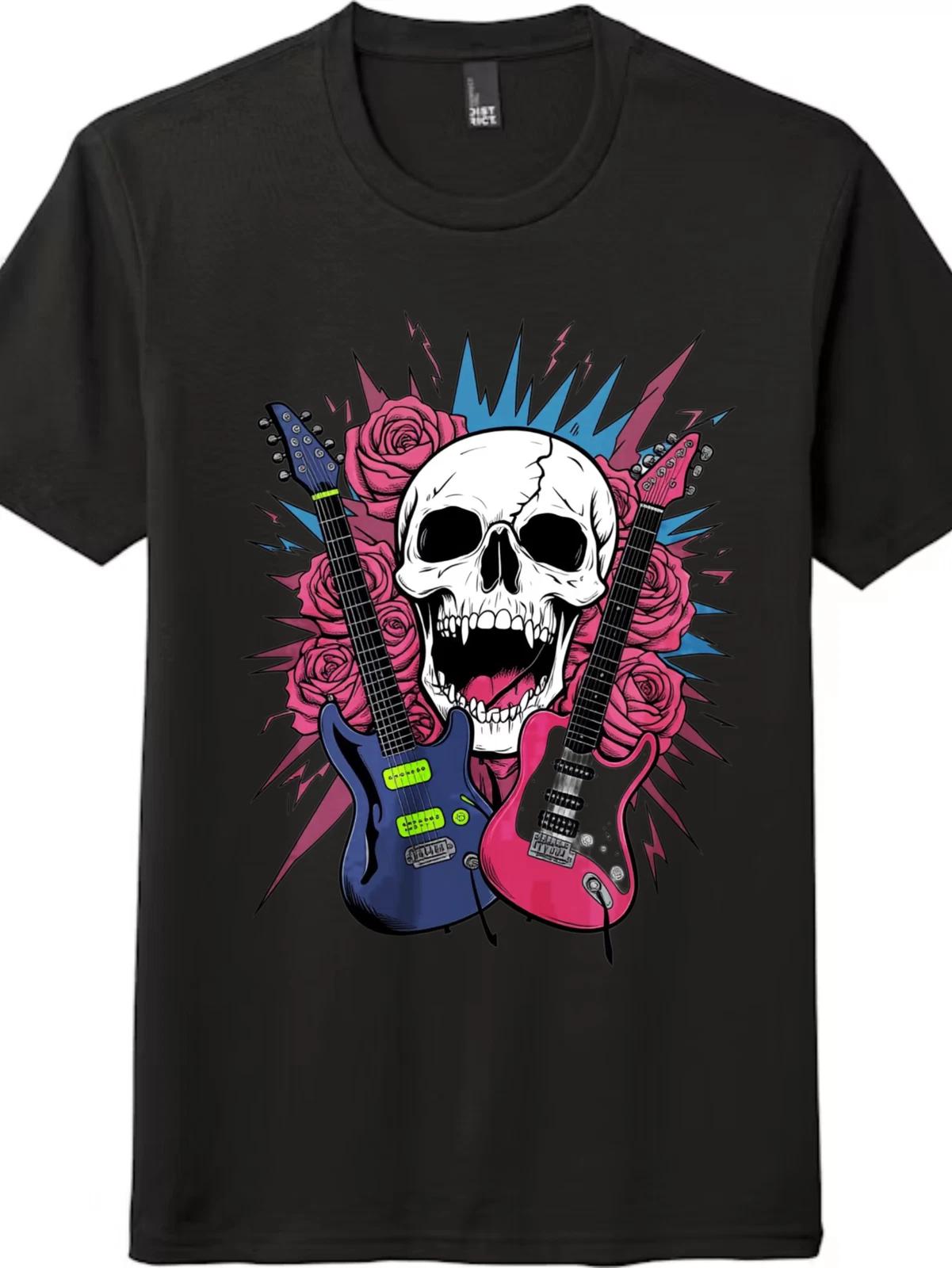 Rock n Roll Skull & Roses T-Shirt - Unisex Guitar Graphic Tee 3XL