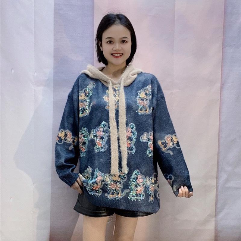 Plus Size Women's Hooded Sweater - Cartoon Print, Heavy-Duty, Warm, Loose-Fit Knit Top for Autumn/Winter