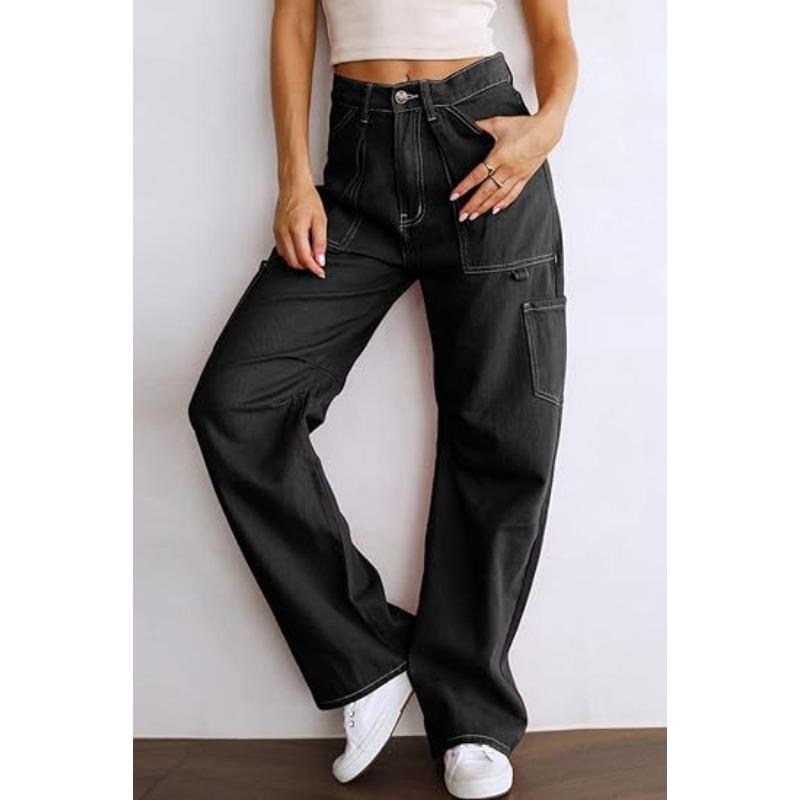 Damen lockere lässige High-Waist gerade Hosen mit sechs Taschen Cargo-Hosen