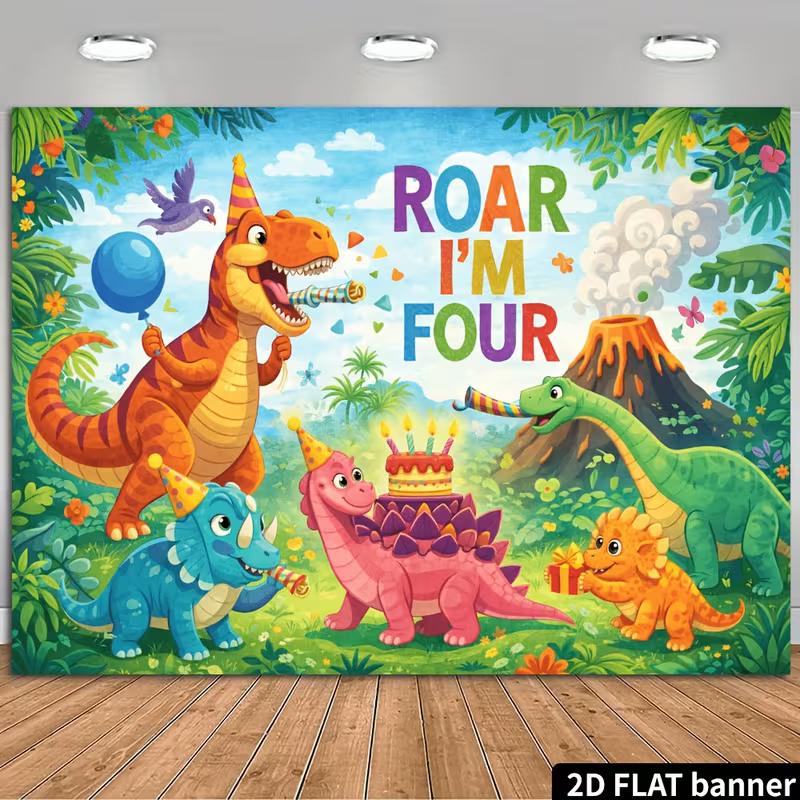 

2D Jungle Dinosaur Birthday Backdrop, Party Hat Dinosaurs Photography Banner 47.2x31.5inch/120*80cm