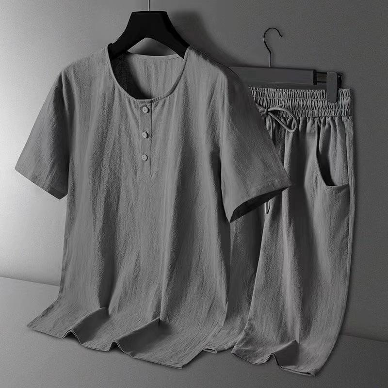 Linen casual suit men s summer cotton and linen short-sleeved t-shirt seven-point shorts large size men s hanfu with a set l 45-52.5kg