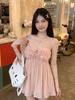 Flower Pleated Sleeveless Suspender Dress Women's Spring New Design Temperament Thin a Word Short Skirt