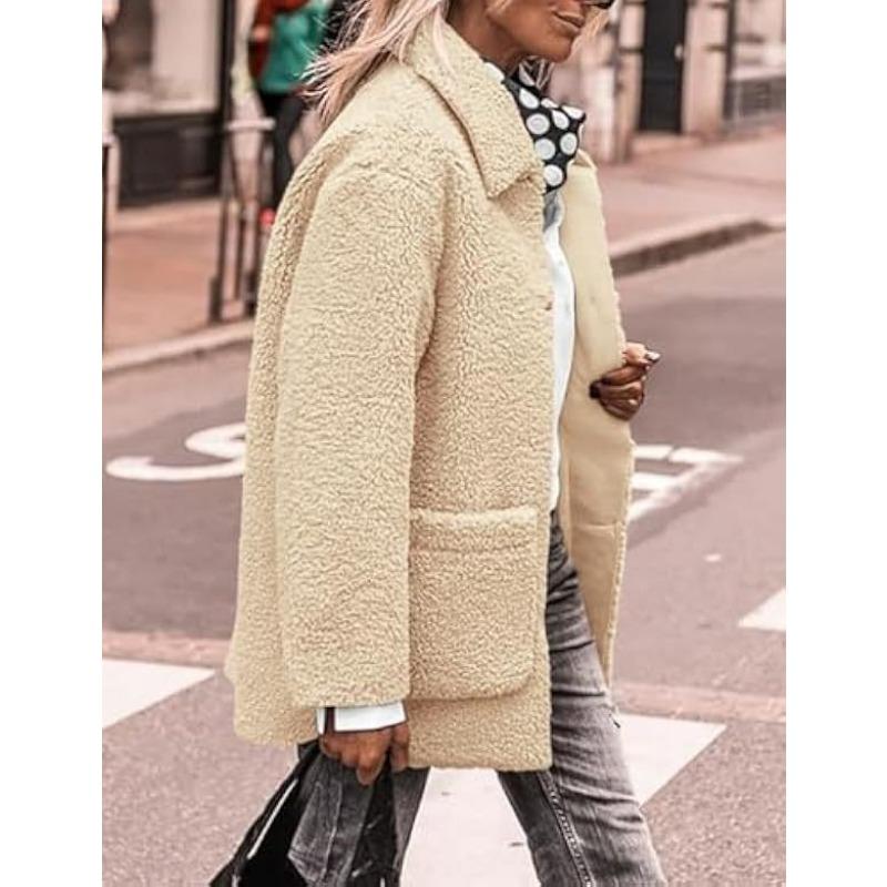 Lamb Wool Coat for Women Long Sleeves Turndown Collar  Medium Length Cotton Jacket Solid Color Warm Comfortable Autumn and Winter