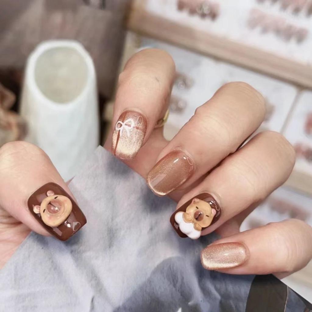 10Pcs Cute 3D Capybara Cat Eye Glossy Press On Nails Handmade Cartoon False Nail Tips Korean Manicure
