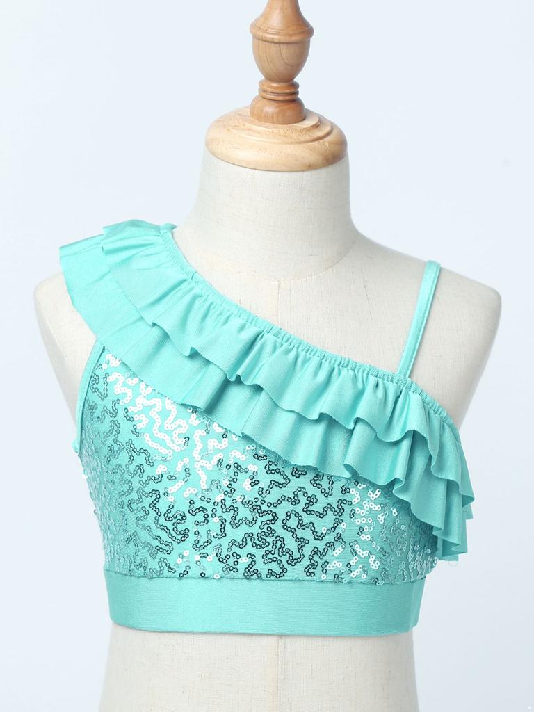 Kids Girls Dance Crop Top Asymmetrical Shoulder Straps Sleeveless Sequins Ruffle Tops Ballet Jazz Dance Stage Performance Wear