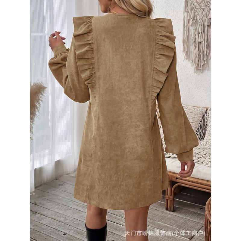 Women S Solid Color Long Sleeve Ruffled Front Casual Dress