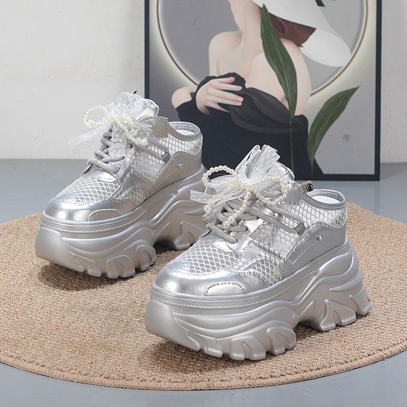 Fashion 11CM Air Mesh Lace Genuine Leather Comfy Platform Wedge Slippers High Brand Breathable Summer Platform Wedge Casual Shoes