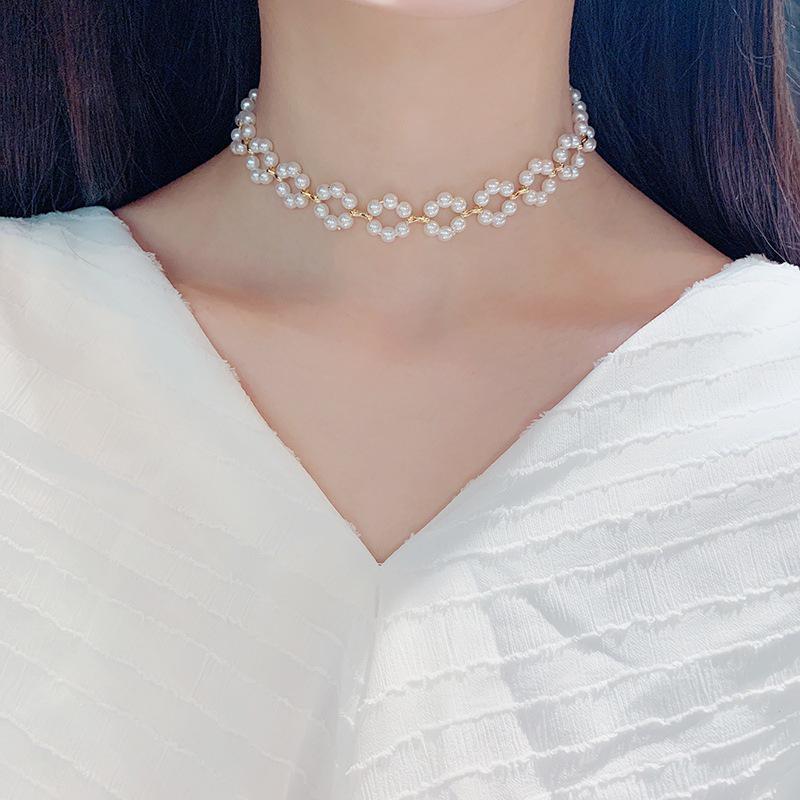 Koreaanse Retro Parel Strass Kwast Choker met Bloem Strik Design