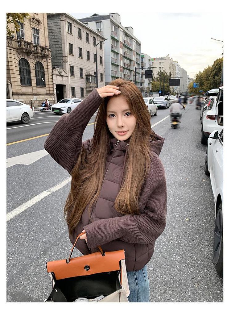 Women's 2026 Knitted Patchwork Sleeve Cotton Jacket - Short, Two-Piece Style, Autumn/Winter New Fashion Outerwear