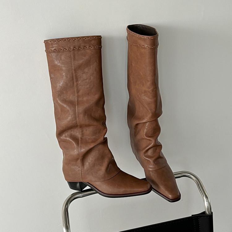 

Прямые брюки труба сапоги женские 2025 осень и зима новые квадратный носок обхват голенища длинные сапоги толстый каблук большой размер до колена сапоги с голым коленом 39 темно-коричневого