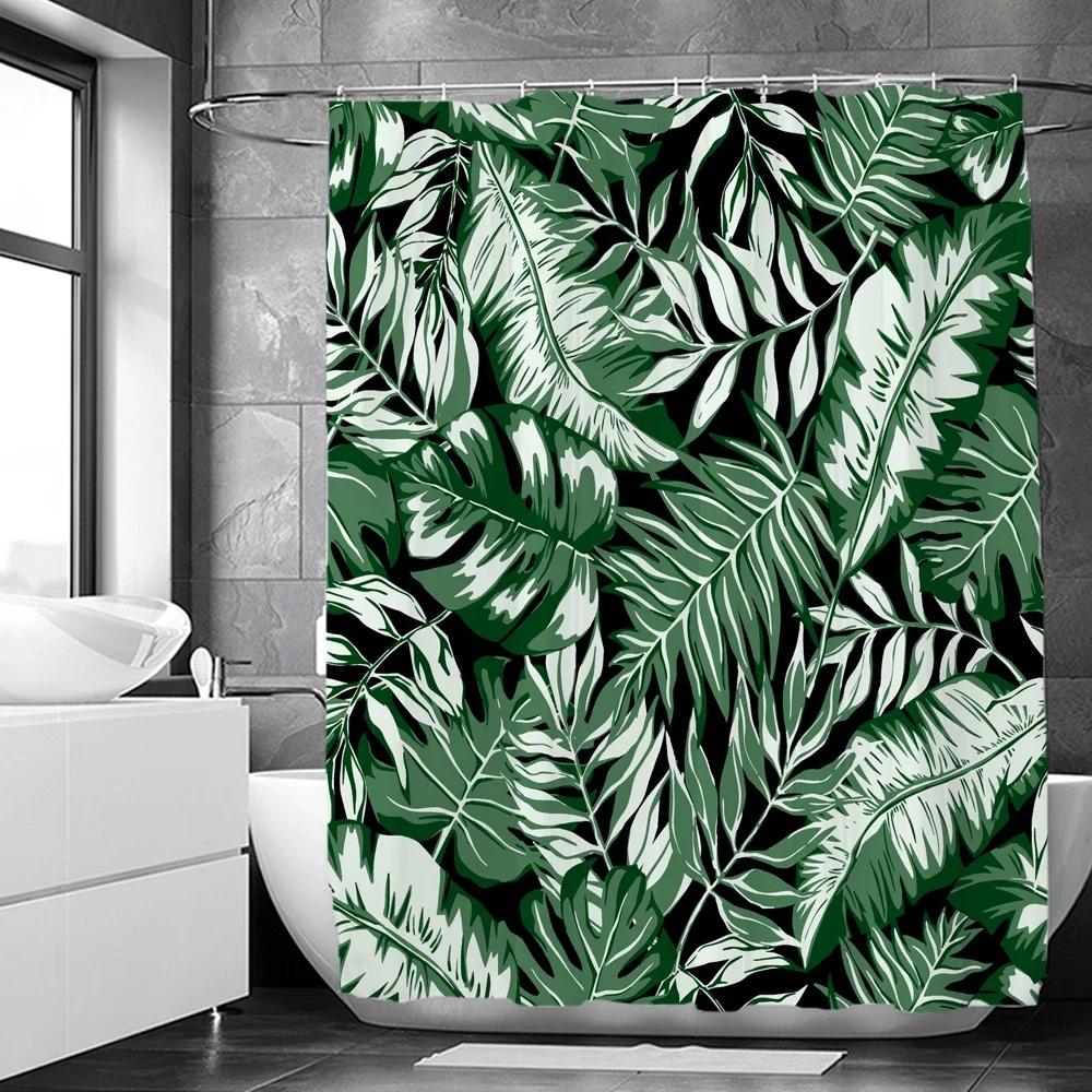 Green Plant Leaves Print Shower Curtains Watercolor Boho Floral Waterproof Morden Bathroom Bathtub Curtain Room Decor With Hooks