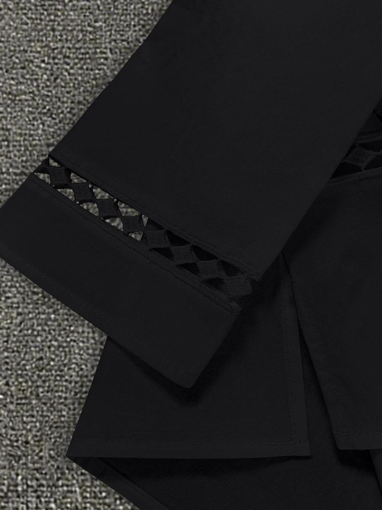 2025 Women's Semi-Transparent Solid Color Round Neck Hollow Long Sleeve Loose Cotton Shirt - Middle Eastern Style