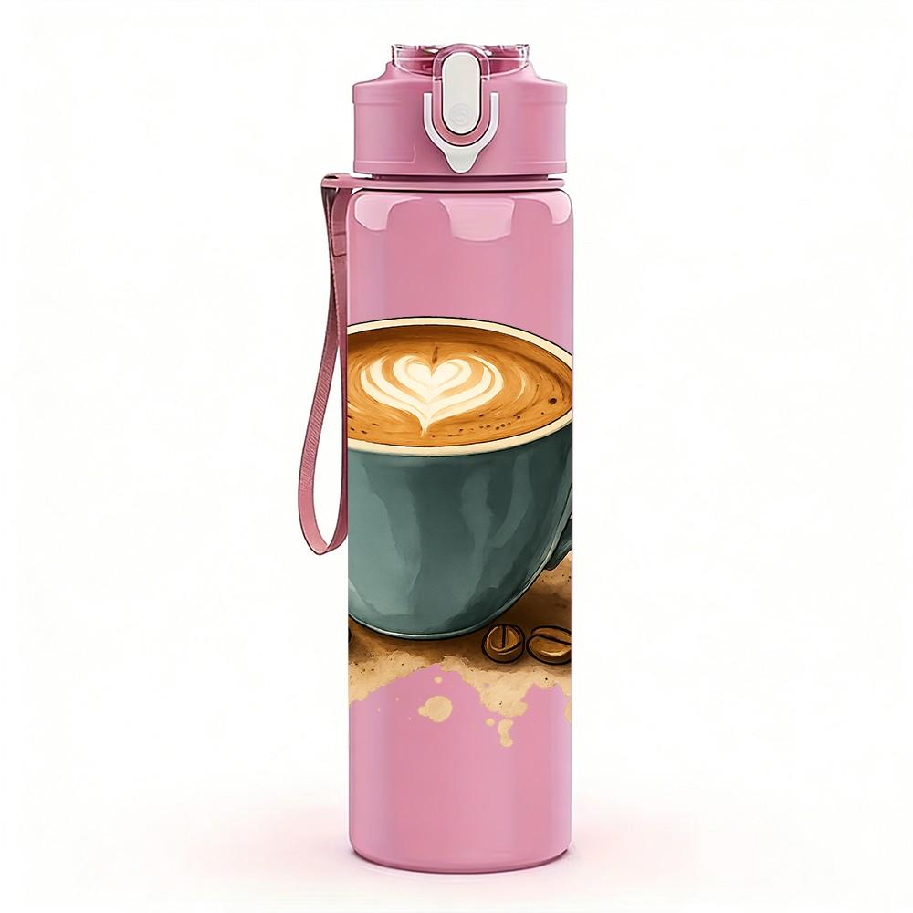 1PC Latte Coffee Cup Print 750ml Color Plastic Sports Water Bottle Leakproof Flip Straw Lid Suitable for Sports Office Home Use
