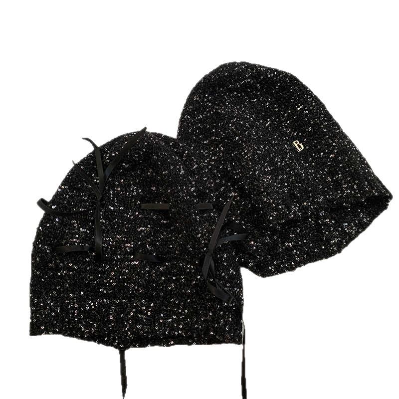 Korean New Hat for Women with Autumn and Winter Bows Bag Head Hat Big Head Circumference  Small Cold Hat Versatile Sequins Pile Hat