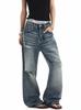 American high street retro washed cat whisker ripped jeans men's and women's design straight loose wide-leg pants fried street