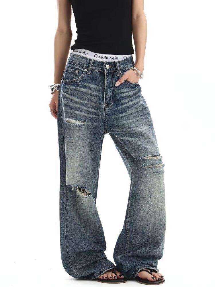 American high street retro washed cat whisker ripped jeans men's and women's design straight loose wide-leg pants fried street