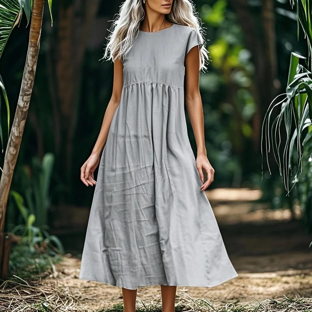 Dámské módní a ležérní jednobarevné bavlněné a lněné šaty