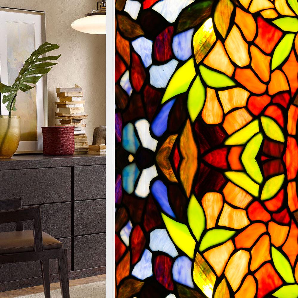 Colorful Retro Floral & Bird Static Cling Window Film - No Glue, Removable