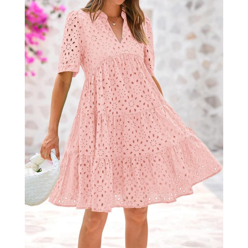 Women V Neck Hollow Lace Short Sleeve A Line Beach Vacation Midi Dress