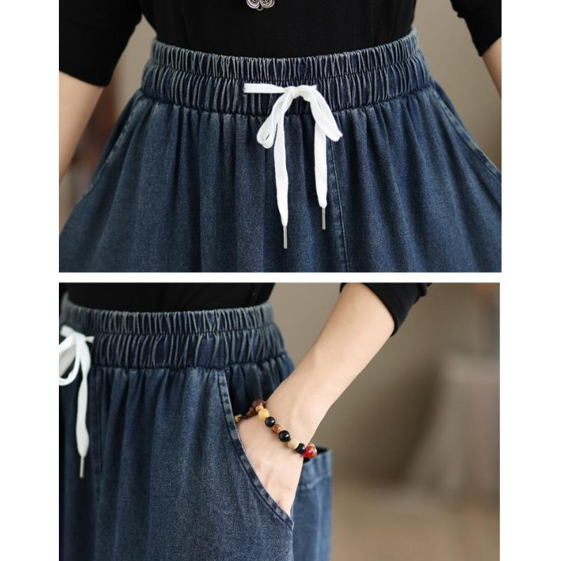 DIMANAF 2026 Autumn Winter Women Plus Size Denim Long Skirts Trousers Bottoms Cotton Loose Casual Oversize Denim Blue Skirt
