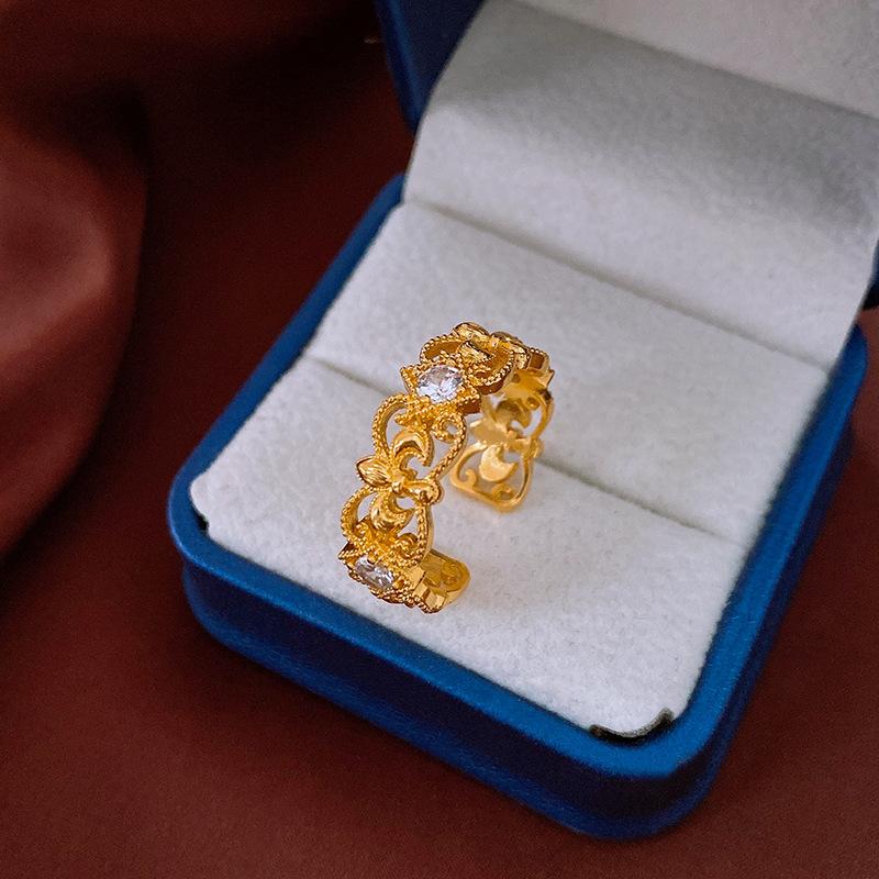 Rhombus Iris Flower Wide Face Open Ring Vintage Temperament Ring Ins Niche Premium Jewelry Women
