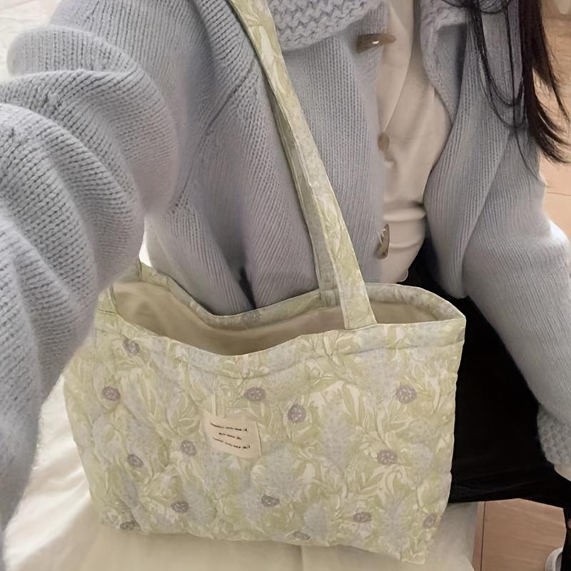 Large Capacity Floral Canvas Tote Bag Foldable Shoulder Bag with Fixed Straps, Canvas Lining, No-Closure Design, Machine Washable
