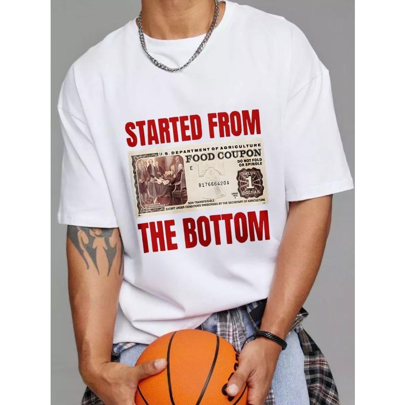 White T Shirt with Food Coupon Graphic and Started From The Bottom Text for Casual Wear