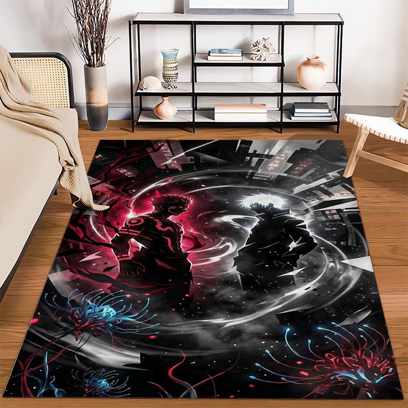 "Anime Style Rug with Character Silhouettes and Fiery Red & Black Design" Suitable for Use As an Anti-slip for Living Room Bedroom Sofas