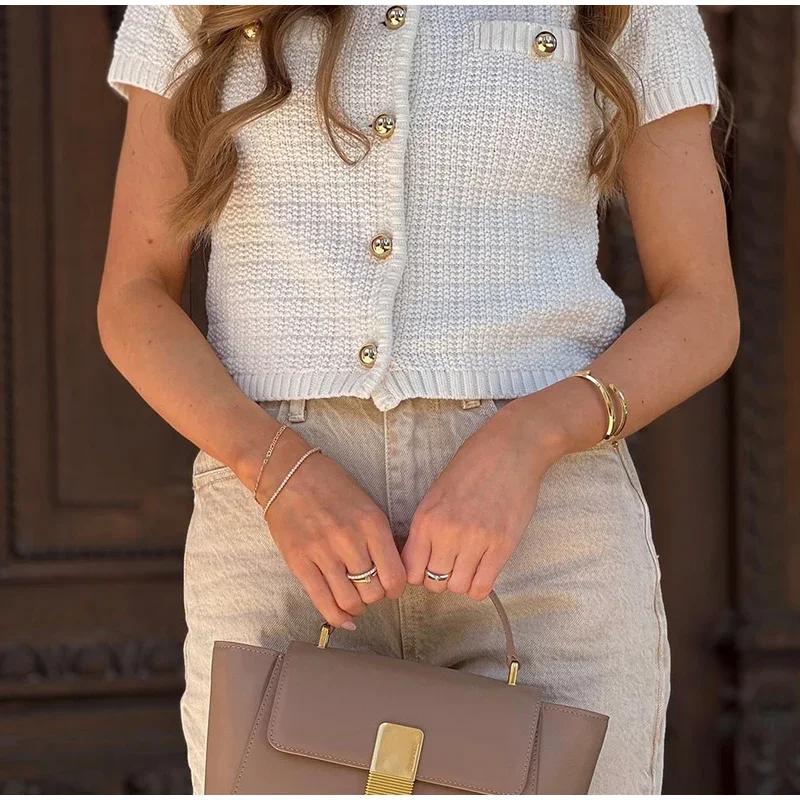 Elegant Knitted Tweed Cardigan Women Solid Single Breasted O-neck Short Sleeve Sweater Vest 2024 Autumn New Lady All-match Tops