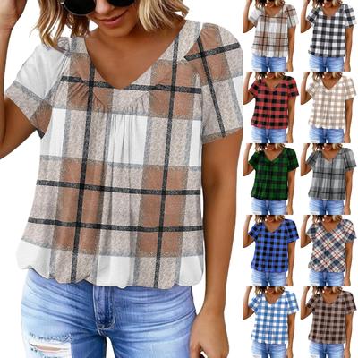 Women's Casual V-Neck Ruffled Plaid Print Short-Sleeve Top
