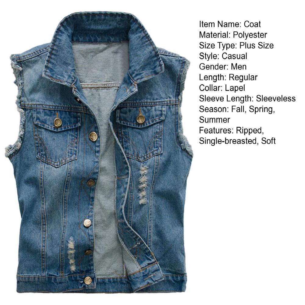 Men Vest Coat Ripped Sleeveless Plus Size Single-breasted Pockets One Tone Lapel Hip Hop Streetwear Soft Cardigan Denim Waist