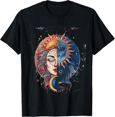 Mystisches Sonne Mond Gesicht Yin Yang Frau Grafik T-Shirt Lässiges Kurzarm Rundhals T-Shirt