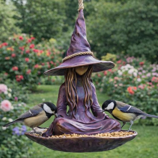 Witch Garden Statue Bird Feeder for Outdoors Resin Hanging Wild Bird Feeder for Outside Patio Backyard Birdwatching
