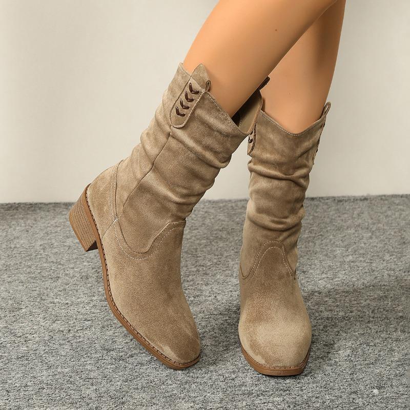 2025 Winter New Suede British Style Mid-Top Boots Women's Plus Size Pleated Pointed Stack Boots