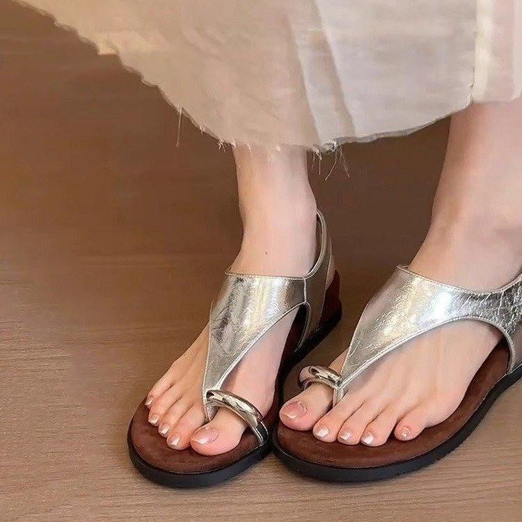 Sheepskin Version~ French Niche Metal Buckle Cover Toe Sandals Fairy Wind Open Toe Soft Leather Soft Sole Comfortable Roman Shoes